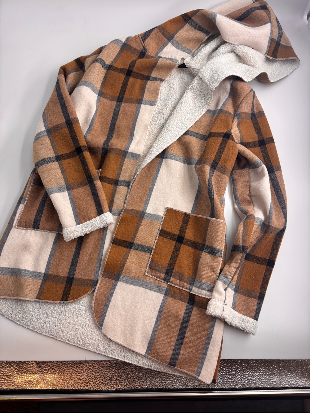 Cozy Plaid Hooded Sherpa-Lined Cardigan Jacket - Camel & Cream